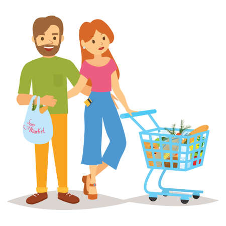 People with a trolley and shopping. Shopping people woman and man with shopping bags. Flat-type people in the shopping center supermarket deli vector figure on a white background.のイラスト素材
