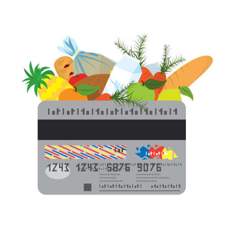 Shopping logo design, template, food, bank card. Vector illustration on white background.のイラスト素材