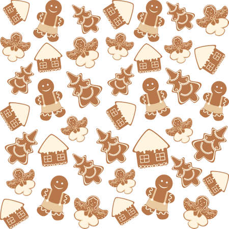 Decorative seamless pattern with Christmas and New Year decorations. House, tree, angel, gingerbread man. Background with holly and gingerbread man on a white background.のイラスト素材