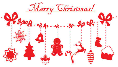 Christmas and New Year red decoration hanging on a rope.のイラスト素材