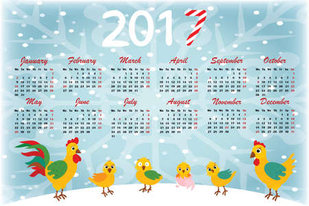Calendar 2017 in English. Week starts on Monday. With a background of snowflakes and chickens.のイラスト素材