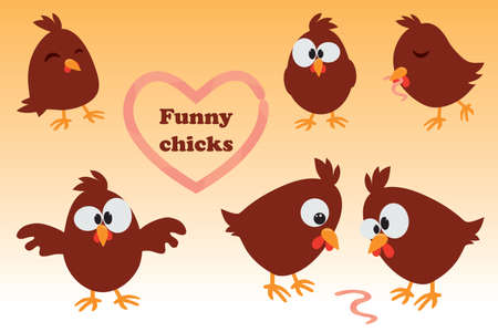 Cute cartoon set Chicken. Funny brown chicken in different positions, vector illustration.のイラスト素材