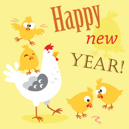 Hen and chickens. Christmas card, illustration year of the Rooster, Happyのイラスト素材