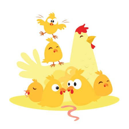 Cute cartoon chicken and , the mother  child. Vector illustration on white background.のイラスト素材