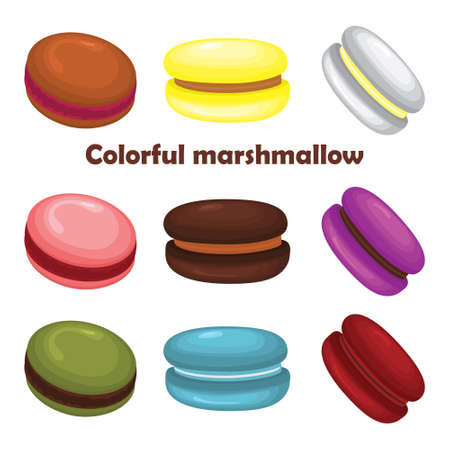 Colored marshmallows in the sketch. Set. Conceptual background template for presentations. Realistic contour elements. Set of colored objects in the sketch. Vector illustrations isolated on white background, macaroon.のイラスト素材