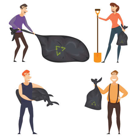 Set of four volunteers composition with young volunteers in cleaning, vectorのイラスト素材