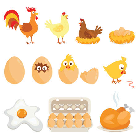 Set of farm animals, vector stickers with chicken family on white isolated background.のイラスト素材