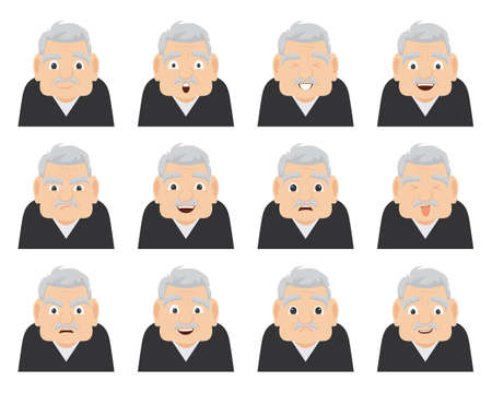 A set of emotions of the grandfather on the face. The senior cartoon character of a male with different expressions. Vector illustration.のイラスト素材
