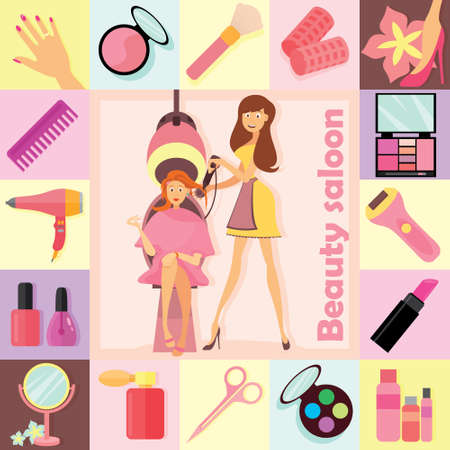 A set of icons for a hairdresser, stylist and make-up artist with symbols. Vectorのイラスト素材
