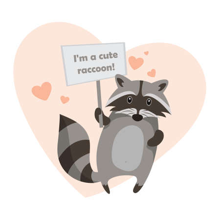 Vector illustration with a raccoon in cartoon style on a white background with heartsのイラスト素材