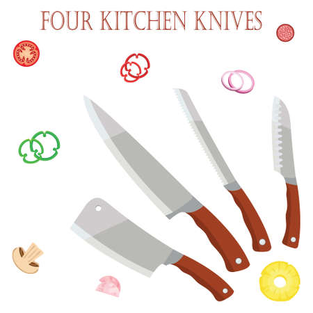 Four kitchen knives for the chef for chefs with vegetables. EPS10.のイラスト素材