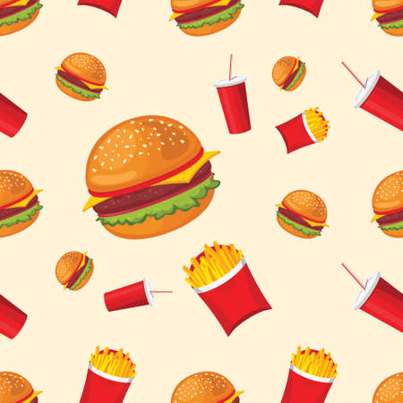 Vector seamless pattern of fries, coca-cola and hamburger. Cute fast food for packaging design.のイラスト素材