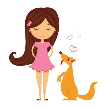 A girl in a pink dress smiles, a yellow dog is sitting beside her. Isolated vector illustration of a happy baby and petのイラスト素材