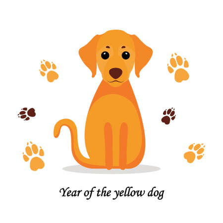 Happy cartoon puppy sitting, Portrait of cute little dog wearing collar. Dog friend. Vector illustration. Isolated on white backgroundのイラスト素材