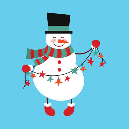 Funny cartoon snowman, Vector illustration with snowman in top hat.のイラスト素材
