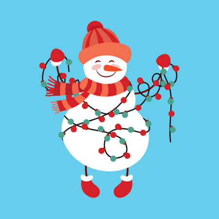 Funny cartoon snowman, Vector illustration with snowman in top hatのイラスト素材