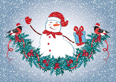 Christmas card with Snowman in Santa hat with gift box and christmas decorative garland and funny bullfinches. New Year design postcard.のイラスト素材