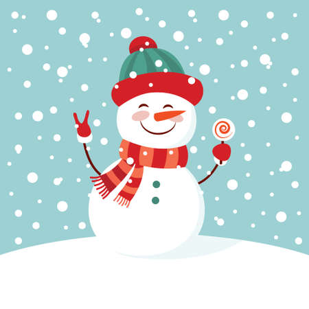 Funny cartoon snowman on the mountain, postcard, vector illustration with a snowman in the top hat.の写真素材