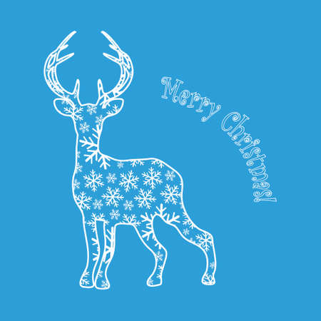 Deer with snowflakes inside. Card. Flat design. Vector illustration on a blue background.のイラスト素材
