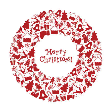 Vector illustration. Wreath with Christmas decorations in red. Winter ornament on a white background. Frame for your text.のイラスト素材