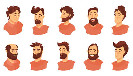 Set of male facial emotions. young man emoji character with different expressions. Vector illustration in cartoon style.People's faces, man, boy, person, user.Male characters.businessman.Joy, laughterのイラスト素材