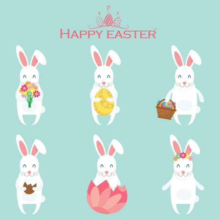 Set of cartoon Easter bunnies with various variations. Vector illustration.のイラスト素材