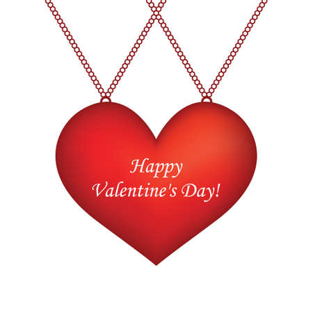 Volumetric red heart suspended on the chain. Vector illustration. On a white background.のイラスト素材