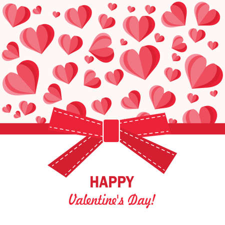 Festive greeting card Happy Valentine's Day and many hearts, bow. Vector illustration.のイラスト素材