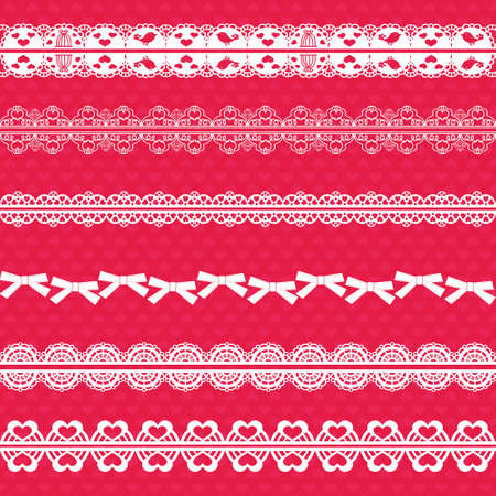 A set of laces. Six white lacy ribbons isolated on a pink background vector illustration.のイラスト素材