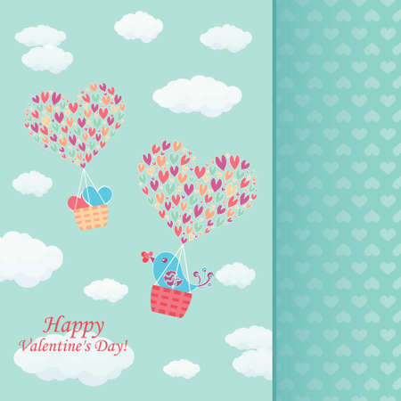 Positive hand drawn vector text Love is in the air decorated hot air balloon fly with clouds, sky and hearts. Wedding banner or St. Valentines Day card.のイラスト素材