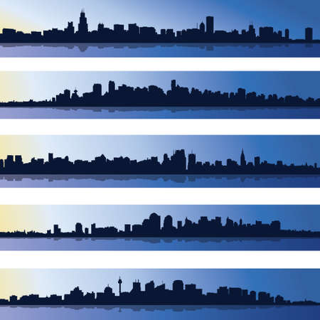 Set of five urban blue silhouettes, city, vector illustration.のイラスト素材