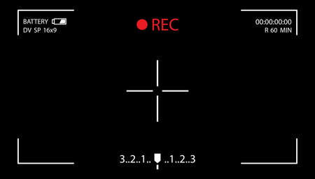 Camera screen with white frame, figures and battery symbol. Camcorder viewfinder on black background. Vector illustration for your graphic design.のイラスト素材