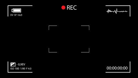 Camera screen with white frame, figures and battery symbol. Camcorder viewfinder on black background.のイラスト素材