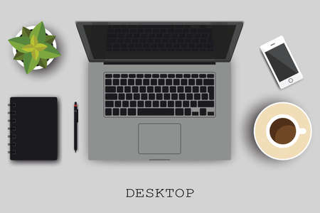 Realistic organization of the workplace. Top view with a gray table, computer or laptop, smartphone, flower, pen for notes, diary and coffee mug. Desktop wallpapers. Vector illustration.のイラスト素材