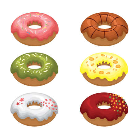 Glazed colored donuts install 3D. Vector illustration on white isolated backgroundのイラスト素材