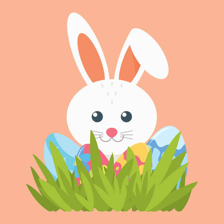 Rabbit and four Easter eggs in the grass. Element for design. Vector illustration.のイラスト素材