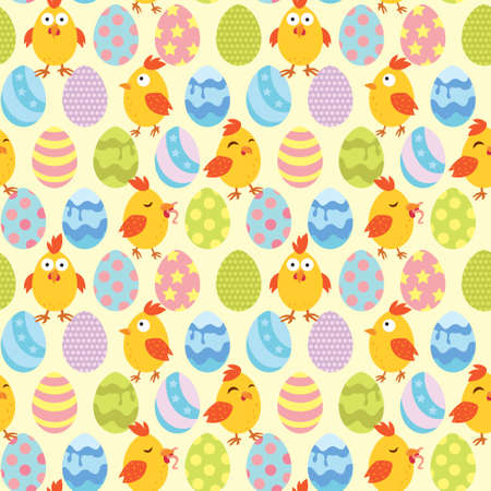 Yellow wallpaper with yellow chickens in different poses in colorful eggs. Suitable for easter. Pattern. Vector.のイラスト素材