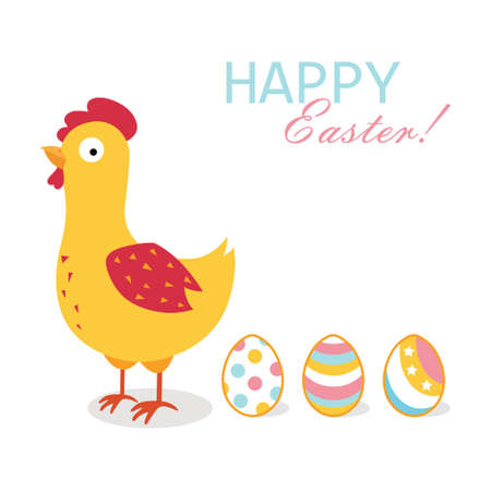 Happy Easter card with hen and eggs illustration on a white background.のイラスト素材