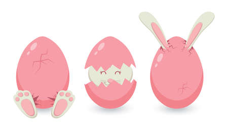 Easter, greeting card with a cute bunny, hatched from a pink egg. Vector cartoon style illustrationのイラスト素材