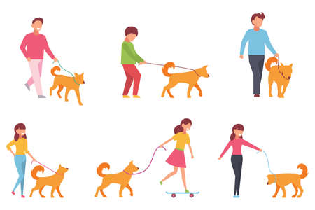 A set of characters walk with a dog. Vector illustration in simple style on white isolated background.のイラスト素材