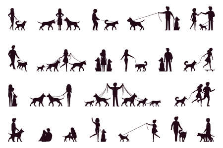 A set of characters walk with a dog. Silhouette. Vector illustration in simple style on white isolated background.のイラスト素材