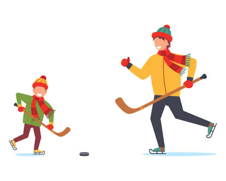 Father and son, adult and kid playing hockey on stadium, flat style vector illustration isolated on white background. Dad and son playing hockey, doing sport activity together, full length portraitのイラスト素材