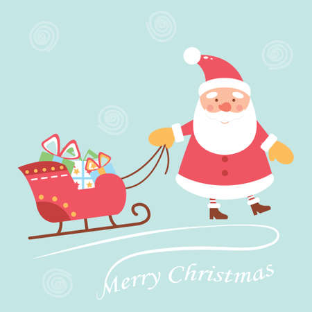 Cheerful and cute Santa Claus is dragging presents in a sleigh. Cartoon character. Christmas card.のイラスト素材