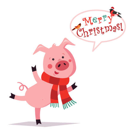 Funny Christmas pig. Greeting card. Merry christmas and a happy new year. Pig in a scarf. Vector illustration.のイラスト素材