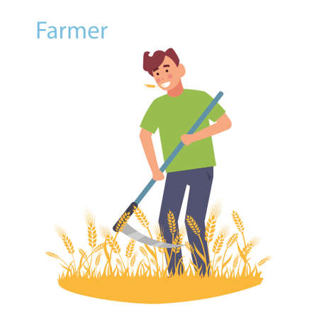 A farmer mows the field with wheat scythe. Vector illustrationのイラスト素材
