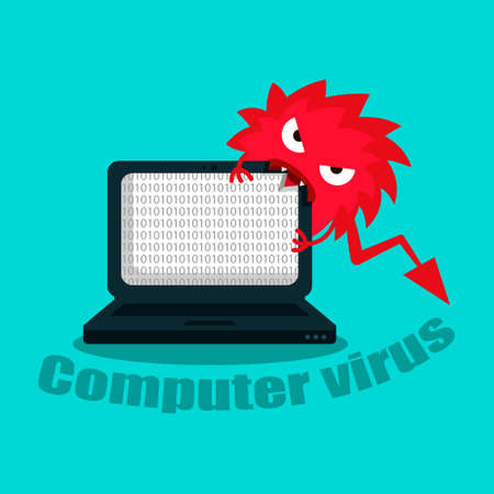 A virus that destroys a laptop. Computer under the threat of a virus, the virus eats the system. Vector illustration.のイラスト素材