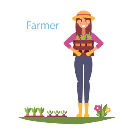 A farmer standing, holding a wooden box full of carrots, a farmer harvesting vegetables vector illustration isolated on white background.のイラスト素材