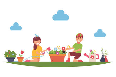 Cartoon children farmers work in the garden or farm. Plant flowers. Vector illustration.のイラスト素材