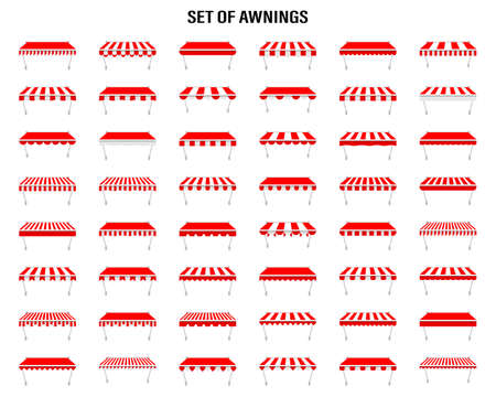 Shop awning tents for window. Outdoor market canopy, vintage store roof. Vector illustration.のイラスト素材