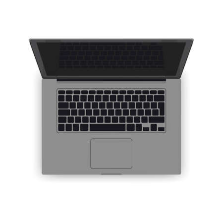 Vector realistic grey laptop mockup. 3d computer illustration detailed keyboard, screen, touch pad top view. Blank modern mobile notebook, business equipment. Isolated illustration, white background.のイラスト素材